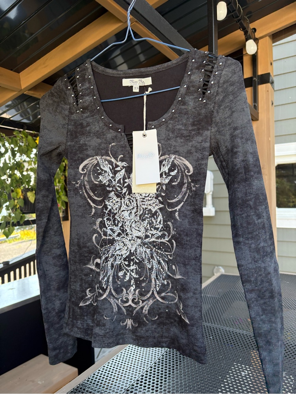 Miss Me Black Long Sleeve Studded Graphic Tee size XS